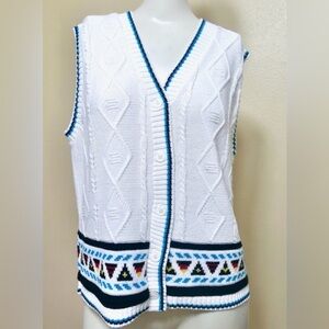 Vintage 80s Preppy Cricket Lane Nautical Knit White Vest Oversize Size M